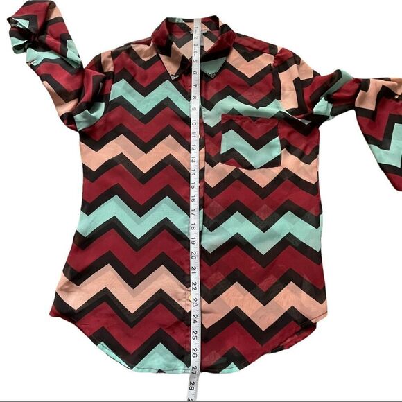 Charlotte Russe Chevron Multicolored Button Down Long Sleeve Top SMALL - Picture 7 of 10